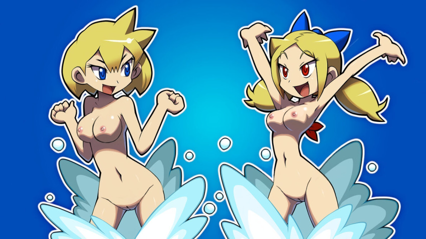 2girls arms_above_head arms_up bad_girl big_breasts blonde_hair blue_eyes bob_cut breasts breasts_out confident curvy cute edit edited edited_official_artwork error excited exhibitionism female hairbow happy_female hips medium_breasts multiple_girls naked nipples npc nude nude_female pigtails plump pose pussy pussy_peek red_eyes shaded shantae shaven simple_background skinny skinny_dipping smooth_skin splash spread_arms spread_legs swimming tagme tomboy twintails twitch_(shantae) vagina video_game villains vinegar_(shantae) water