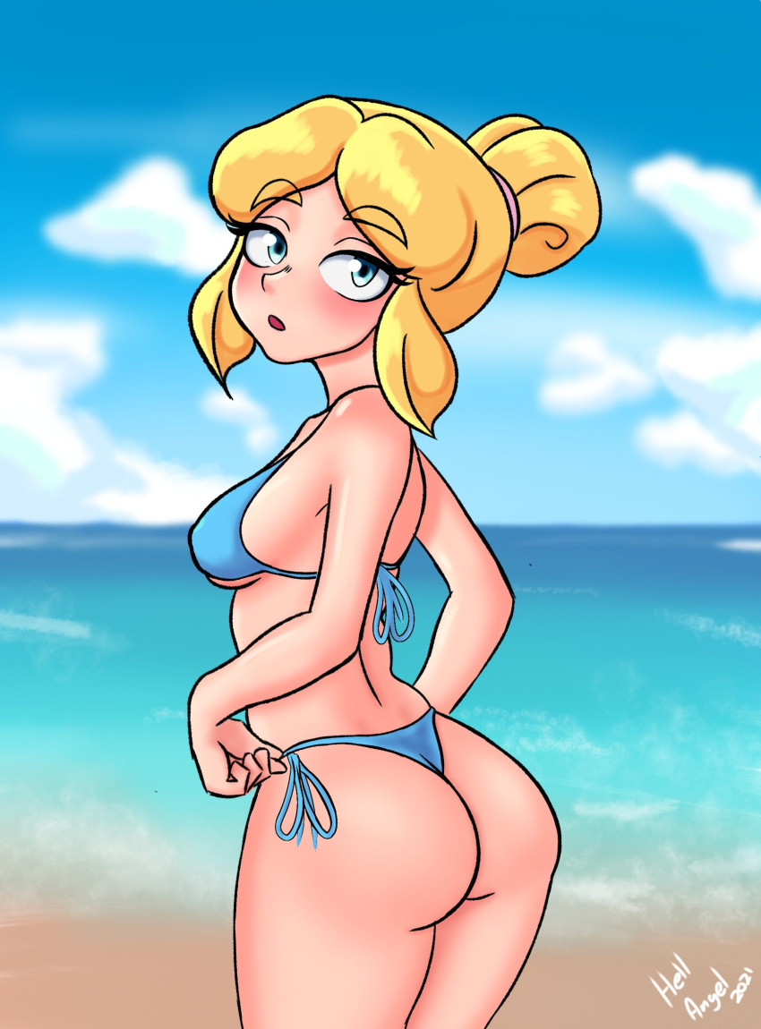 1girls ass beach bikini bikini_bottom bikini_top blonde_hair blue_eyes brawl_stars female female_only he11_4ngel light-skinned_female light_skin looking_at_viewer looking_back looking_back_at_viewer piper_(brawl_stars)