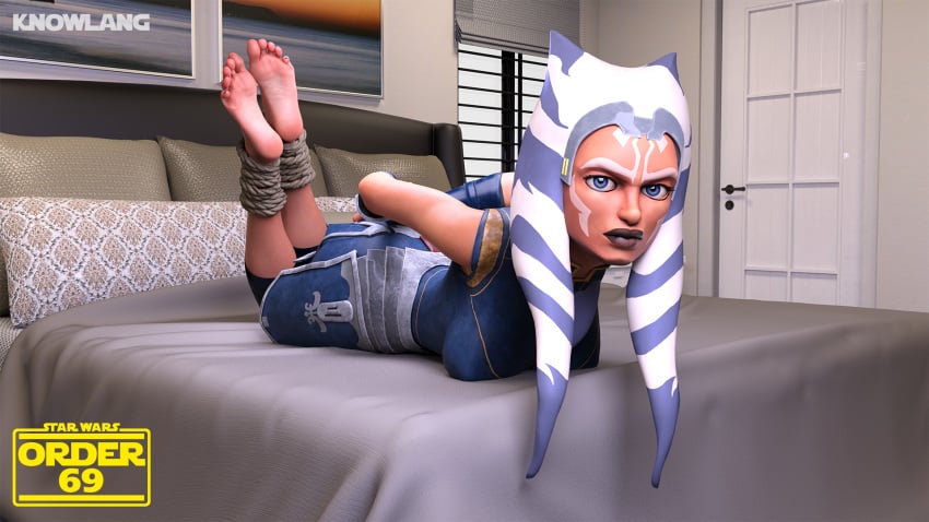 1girls 3d ahsoka_tano alien alien_girl alien_humanoid angry arms_behind_back artist_name barefoot bed bed_covers bedroom big_lips blue_clothing blue_dress blue_eyes bondage bound_legs breasts clone_wars clothed clothed_female clothing day dress english_text eyelashes eyes facial_markings feet feet_together feet_up female female_only femsub forced hi_res hogtie horn horns house humanoid indoors knowlang legs_up lips logo looking_at_viewer lying lying_on_bed lying_on_stomach mandalorian_armor markings medium_breasts mostly_clothed on_bed on_stomach open_eyes orange_body order_66 order_69 painting partially_clothed pillow rope rope_bondage sad short_dress signature soles solo solo_female star_wars submissive tentacle tentacle_hair text the_clone_wars:_season_seven tied_legs toes togruta vambraces white_markings