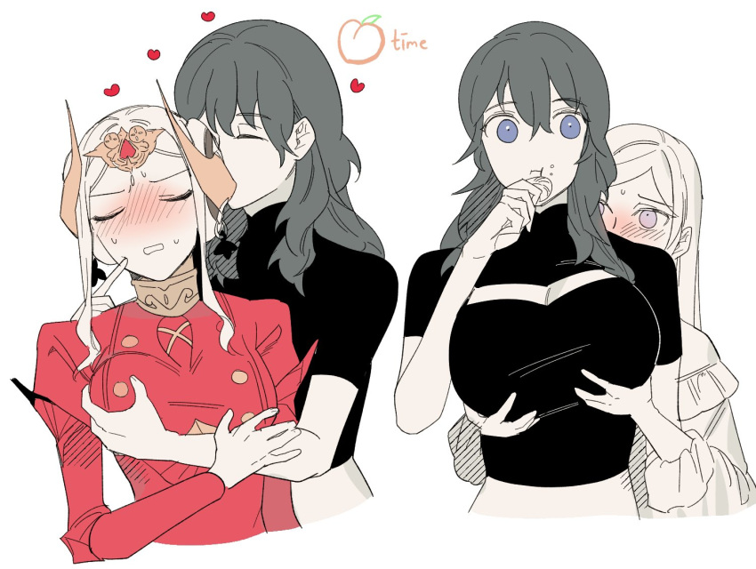 2girls bang_gu9 blue_eyes blush breast_grab breast_size_difference breast_squeeze breasts byleth_(fire_emblem) byleth_(fire_emblem)_(female) cleavage cleavage_cutout clothing_cutout crumbs double_breast_grab eating edelgard_von_hresvelg female_only fire_emblem fire_emblem:_three_houses food fruit grabbing groping heart horns large_breasts multiple_girls nintendo peach_(fruit) post-timeskip purple_eyes teal_hair white_background white_hair yuri