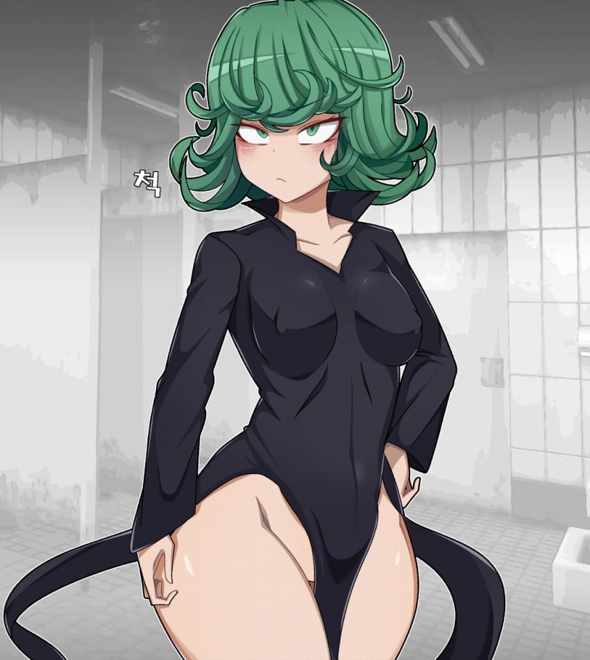 1girls bathroom blush dress female female_only green_eyes green_hair hand_on_hip looking_at_viewer no_panties one-punch_man pipi_(artist) shiny_skin short_green_hair short_hair solo standing tatsumaki thick_thighs thighs tight_clothing wide_hips