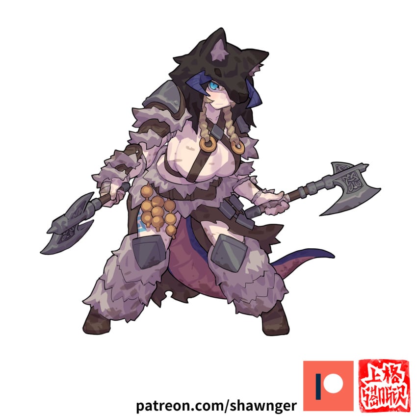 axe blonde_hair blue_eyes cleavage dirt horns lizard_tail monster_girl oc patreon_logo shawnger tail watermark wolf_ears wolf_pelt