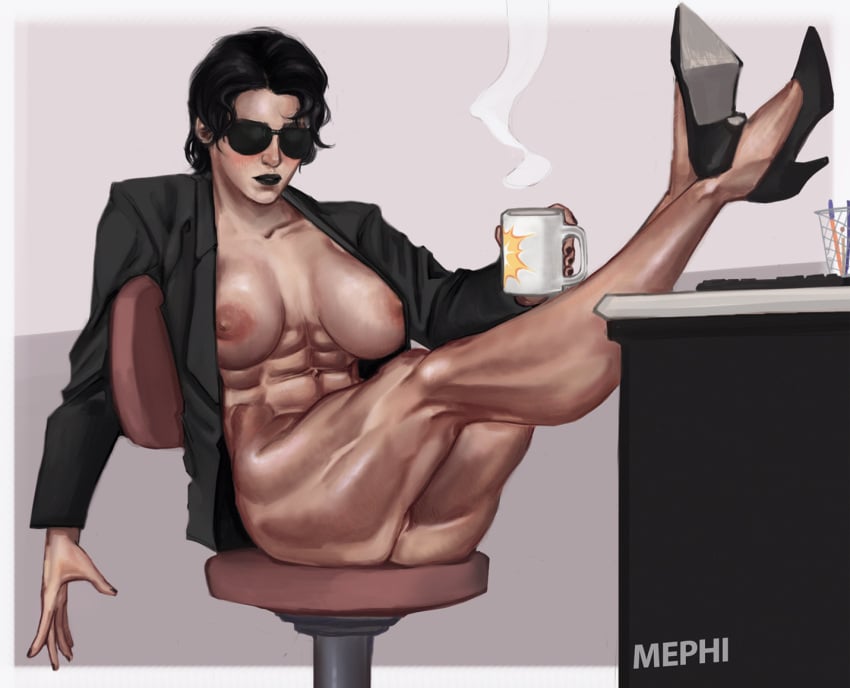 1girls abs areolae big_breasts black_hair black_lips black_lipstick black_nails breasts desk female female_only high_heels legs legs_up littlemephi muscles muscular muscular_female nipples office raised_legs solo sunglasses