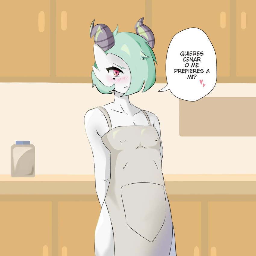 1boy apron_only artist_request blush cute demon_horns embarrassed erect_nipples femboy game_freak gardevoir green_hair heart_mark kitchen male male_gardevoir male_only male_pokemon nintendo nipples pale_skin pokémon_(species) pokemon pokemon_(species) pokemon_rse red_eyes solo solo_male spanish_text white_body white_skin