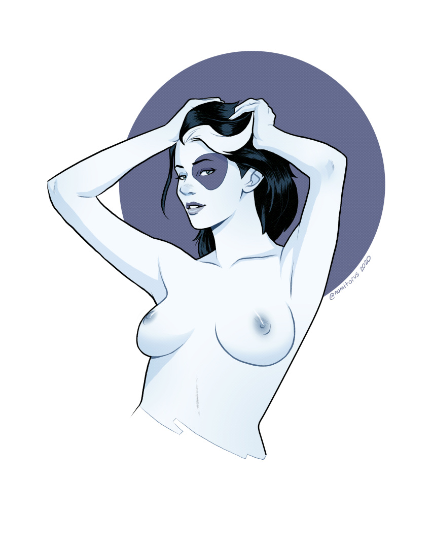 1girls black_hair breasts domino_(marvel) female hands_behind_head marvel marvel_comics medium_breasts multicolored_hair neena_thurman nipples numitor pinup solo solo_female white_hair white_skin white_streak x-force x-men
