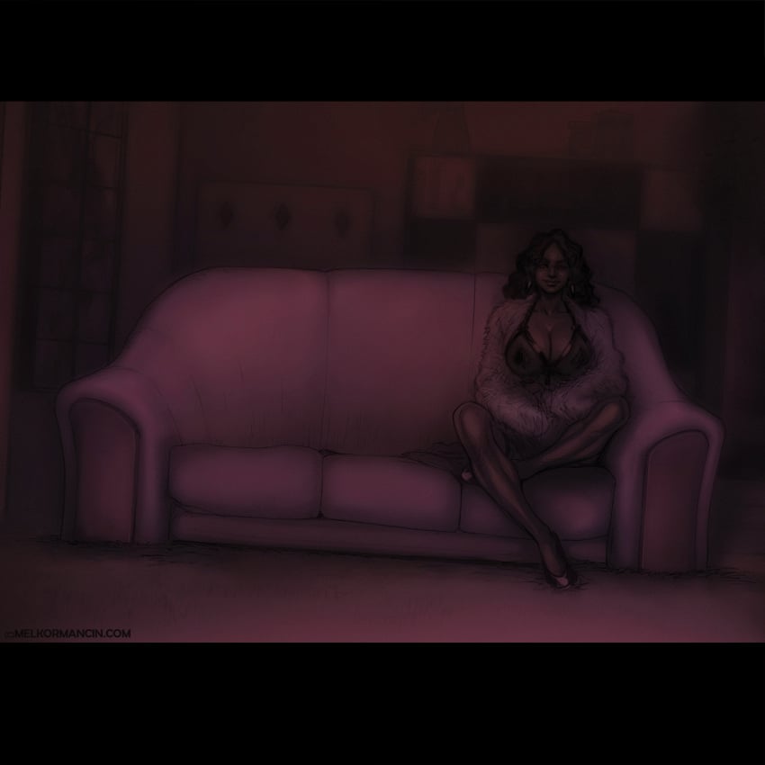 1girls cleavage couch dark-skinned_female earrings facing_viewer female female_only full_body indoors large_breasts letterboxed lingerie long_hair looking_at_viewer melkor_mancin ms._pamela negative_space on_couch original pumps room see-through sitting sofa solo