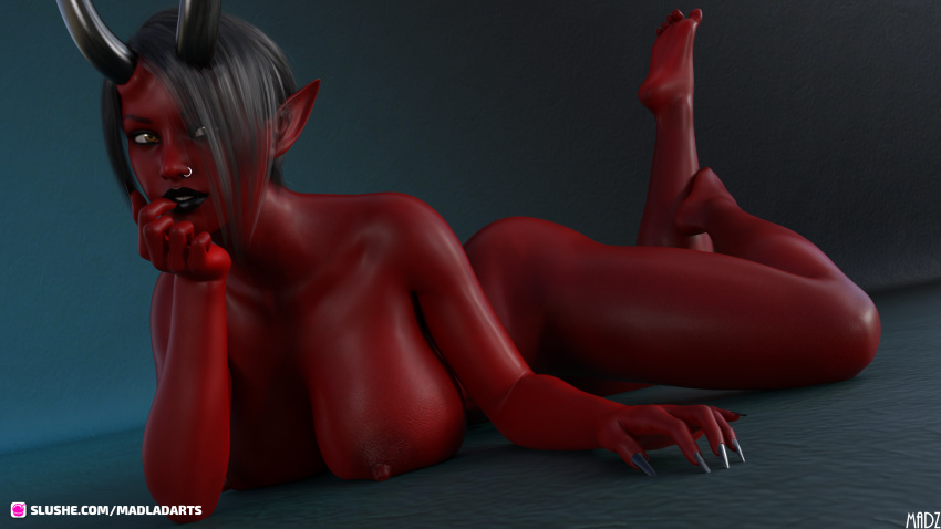 1girls 3d 3d_(artwork) areola areolae big_areola big_breasts breasts demon demon_girl demon_horns ear eyebrows eyelashes eyes female female_only horns huge_breasts large_breasts legs long_ears madlad_art madz mature_female nipples original pointy_ears red_body red_skin shyrah solo thick thick_thighs wide_hips