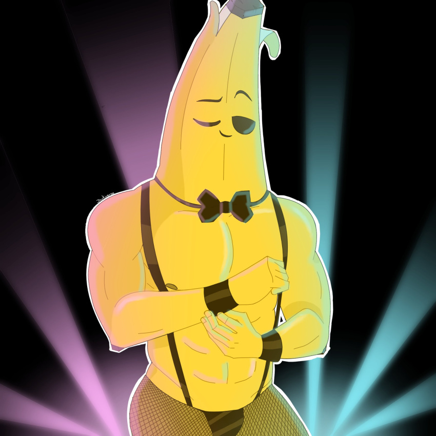 abs anthro banana bowtie clothing dorkiiverse food_creature fortnite fortnite:_battle_royale male male_only muscles muscular muscular_male nipples overalls pecs peely solo stripper underwear video_games wink