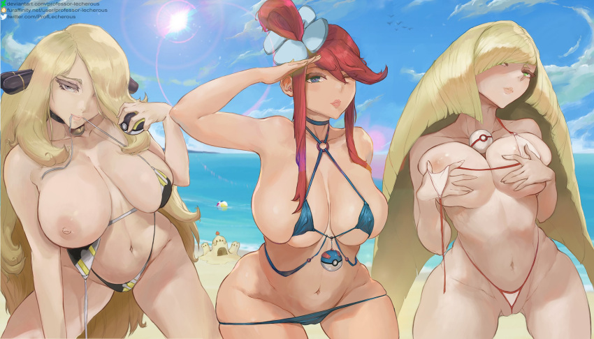 2021 3girls alternate_breast_size areolae artist_signature asymmetrical_hair bare_legs beach big_breasts bikini bikini_bottom_down bikini_top bikini_top_in_mouth bikini_top_undone black_bikini blonde_hair blue_bikini blue_eyes blue_sky breasts choker cynthia_(pokemon) erect_nipples eye_contact female female_focus female_only grabbing_own_breast great_ball green_eyes grey_eyes hair_ornament hair_over_one_eye half-closed_eyes hi_res hips holding_object holding_poke_ball huge_breasts large_areolae large_breasts long_hair looking_at_viewer lusamine_(pokemon) mature_female medium_hair micro_bikini milf mother multiple_girls naughty_face nintendo nipples one_breast_out outdoors pokeball pokemon pokemon_bw pokemon_bw2 pokemon_dppt pokemon_sm premier_ball professor_lecherous red_hair sand skyla_(pokemon) slim_waist spread_legs standing suggestive_look tan tan-skinned_female tanned_skin thick_lips thick_thighs thighs ultra_ball very_long_hair water white_bikini wide_hips winking