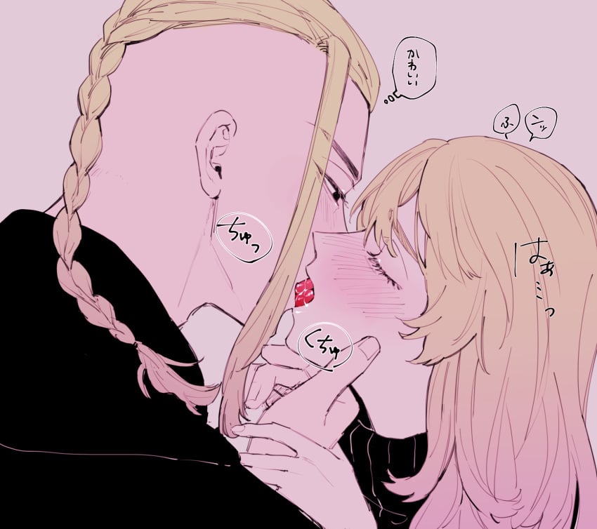 1boy 1boy1girl 1girls blonde_hair blush emma_sano french_kiss french_kissing japanese_text ken_ryuguji kissing making_out pstrhsn straight tokyo_revengers tongue tongue_kiss tongue_out