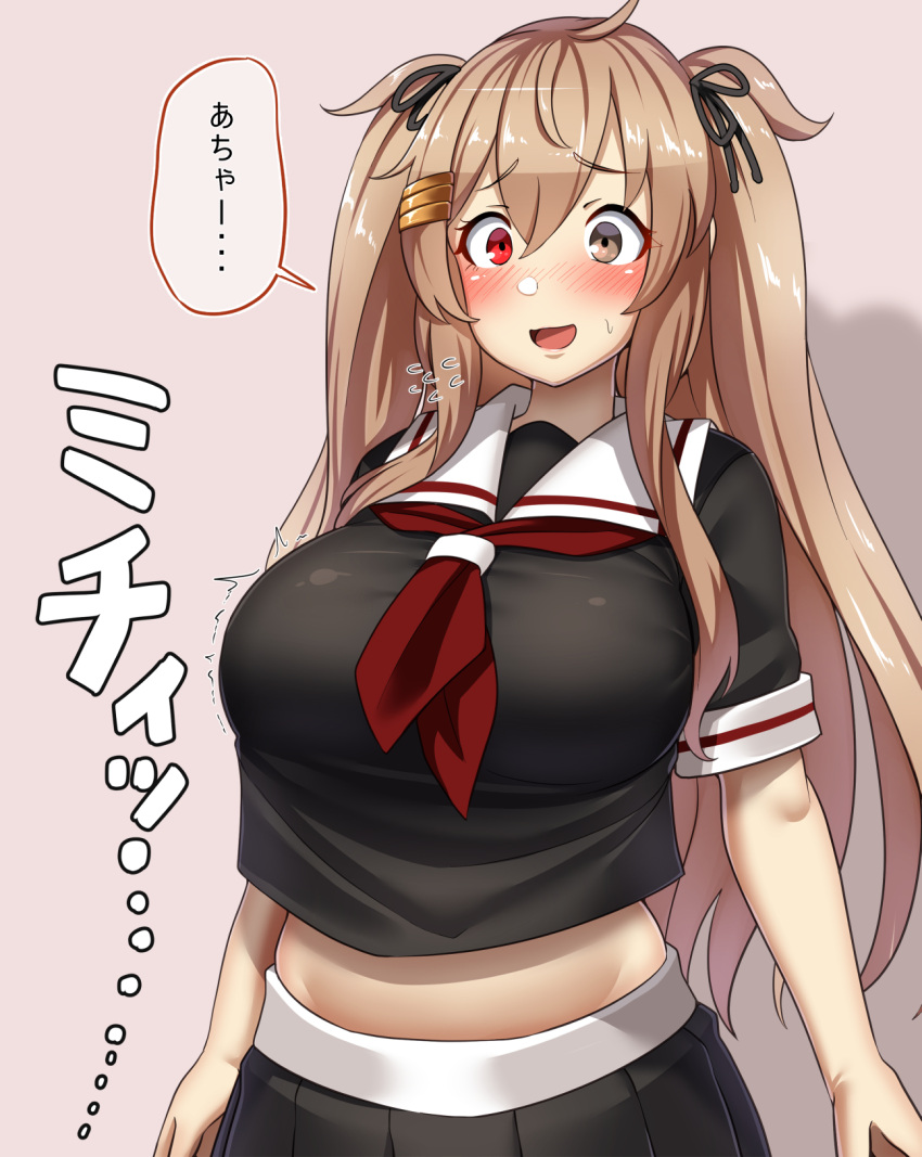 big_breasts blush crop_top embarrassed female female_only fully_clothed hair_flaps hair_ribbon hairclip heterochromia huge_breasts japanese_text kantai_collection light_brown_hair long_hair murasame_(kantai_collection) naval_uniform nervous_smile ryuun_(stiil) sailor_collar serafuku short_sleeves solo sweatdrop text translated twintails