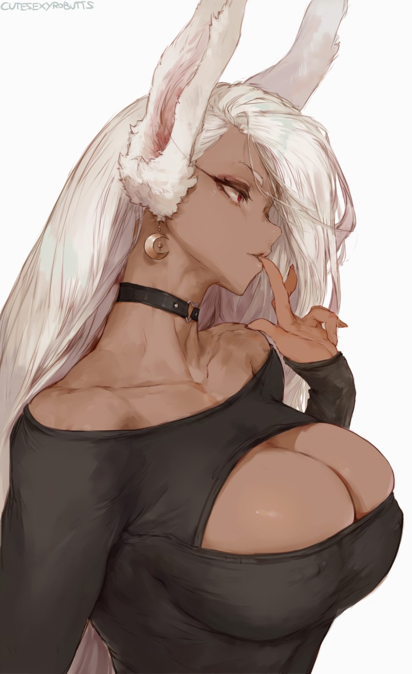 1girls absurd_res animal_ears artist_signature big_breasts boob_window breasts bunny_ears bunny_girl choker cleavage cutesexyrobutts dark-skinned_female dark_skin earrings edit exposed_shoulders eyelashes female female_focus female_only finger_in_mouth fully_clothed fur heart_choker hi_res huge_breasts large_breasts long_ears looking_to_the_side miruko my_hero_academia nipple_bulge nipple_piercing nipples nipples_visible_through_clothing rabbit_ears red_eyes rumi_usagiyama side_view solo thin_waist tight tight_clothing tight_fit upper_body upscaled watermark white_background white_fur white_hair