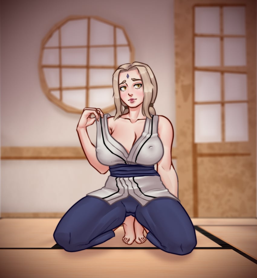 1girls big_breasts blonde_hair clothed clothed_female denre erect_nipples female female_only huge_breasts konoha mature mature_female milf naruto shoulders tsunade