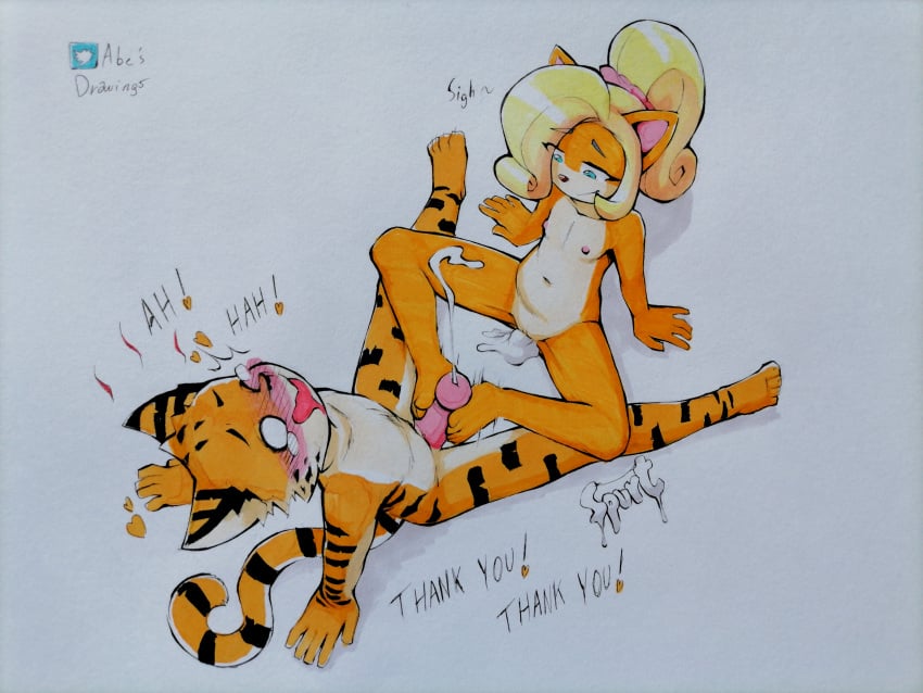 1boy 1girls abesdrawings after_sex anthro anthro_on_anthro anthro_only barefoot blonde_hair blonde_hair_female blush coco_bandicoot crash_(series) cub cub_on_cub cum cum_in_pussy cum_inside cum_shot feet female female_cub footjob fur furry furry_female furry_male furry_only interspecies interspecies_impregnation male male/female male_cub nude orange_fur penis pura_(crash_series) small_breasts tiger traditional_media_(artwork)