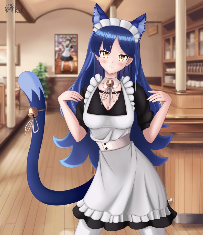 animal_ears artist_request bell_collar belt blue_hair maid_uniform snezha source_request tail tail_bell virtual_youtuber vtuber white_legwear yellow_eyes