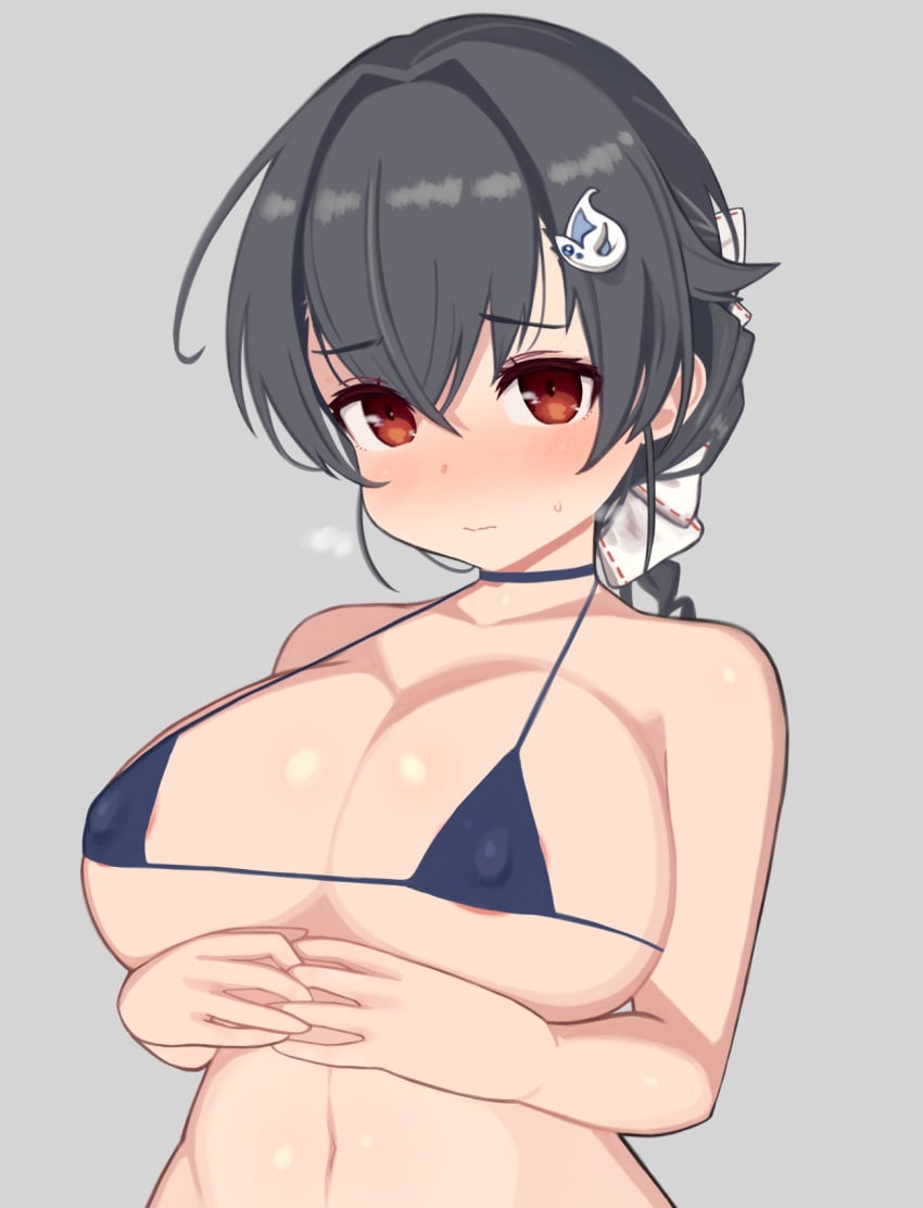 areola_slip big_breasts bikini black_hair blush choker cleavage female female_only hair_ornament hair_ribbon hairclip jingei_(kantai_collection) kantai_collection looking_at_viewer micro_bikini nipple_bulge red_eyes rose_neru solo sweatdrop swimsuit tied_hair underboob upper_body