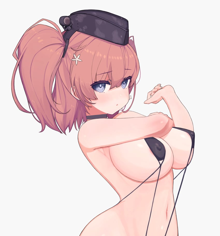 areola_slip armpit atlanta_(kantai_collection) bangs big_breasts black_swimsuit blue_eyes choker female female_only hairclip hat headgear kantai_collection looking_at_viewer micro_bikini military_hat nipple_bulge pink_hair rose_neru sideboob solo stretching string_bikini swimsuit twintails wide_hips