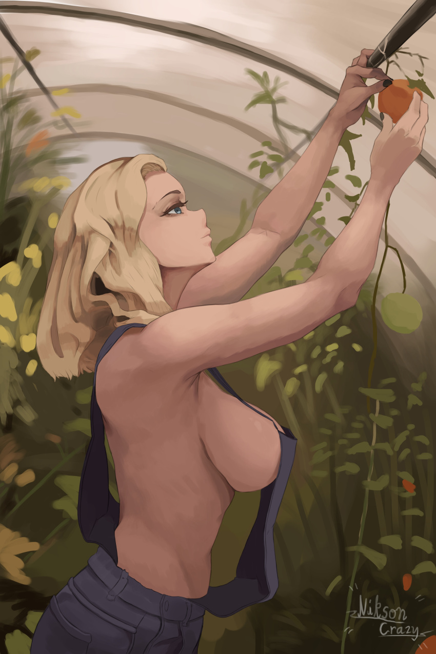 1girls armpits artist_name black_nails blonde_hair blue_eyes breasts eyelashes farm farmer farmgirl food from_side fruit greenhouse highres large_breasts nail_polish naked_overalls niksoncrazy original overalls plant sideboob signature solo upper_body