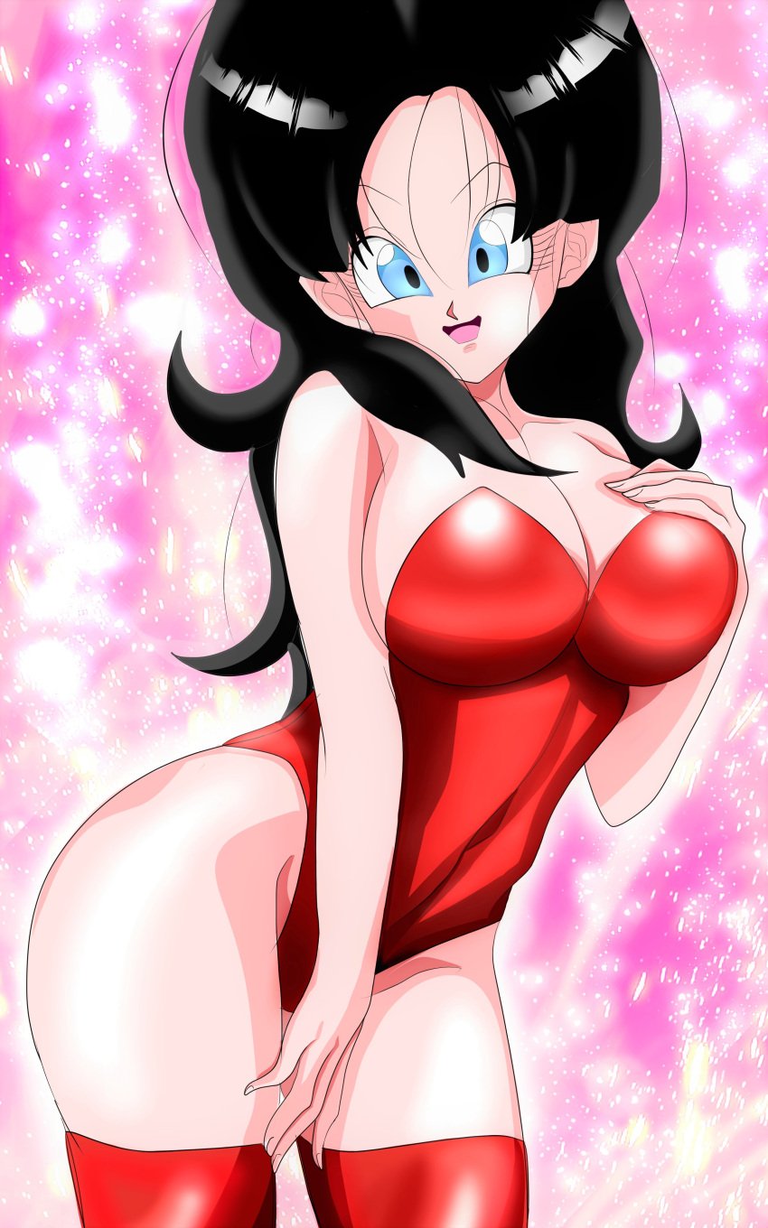 1girls artist_name big_breasts black_hair blue_eyes blush bodysuit breasts clothed_female copyright_name dragon_ball dragon_ball_z eye_contact female large_breasts long_hair looking_at_viewer milf redosukan sex short_hair shounen_jump skin_tight skindentation tight_clothing untied videl