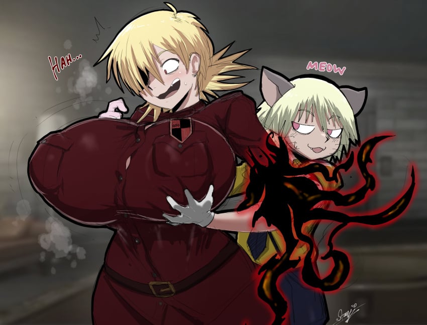 1boy 1girls :3 blonde_hair blue_necktie breast_grab breast_grab_from_behind british bursting_breasts cat_boy cat_ears catboy german gloves groping groping_from_behind hellsing hitler_youth huge_breasts insignia large_breasts larger_female military military_uniform nazi necktie older-female one_arm red_eyes red_uniform schrodinger seras_victoria shadow_tendrils short_blonde_hair short_hair small_dom_big_sub smaller_male starykrow taller_female trap vampire vampire_girl white_gloves yellow_shirt younger_male