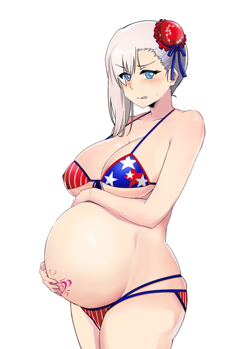 american_flag_bikini belly_hold big_breasts bikini blue_eyes blush cleavage fate/grand_order fate_(series) female female_only hair_bun hair_ornament hand_on_belly holding_belly huge_belly looking_at_viewer miyamoto_musashi_(fate) miyamoto_musashi_(swimsuit_berserker) nipple_bulge pregnant pubic_tattoo ready_to_pop solo sweatdrop swimsuit underboob white_hair