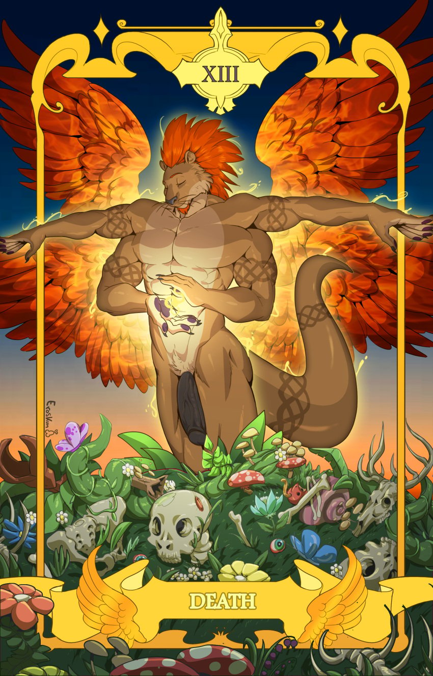 4_arms 4_pecs absurd_res angelic anthro black_penis card celtic_knot celtic_tattoos death_(tarot) energy_ball eroskun feathered_wings feathers fortune_telling genitals glowing glowing_body hair hi_res humanoid_genitalia humanoid_penis lutrine major_arcana male mammal membrane_(anatomy) multi_arm multi_limb multi_pec mustelid nude pecs penis red_hair tarot tarot_card thick_tail webbed_hands wings