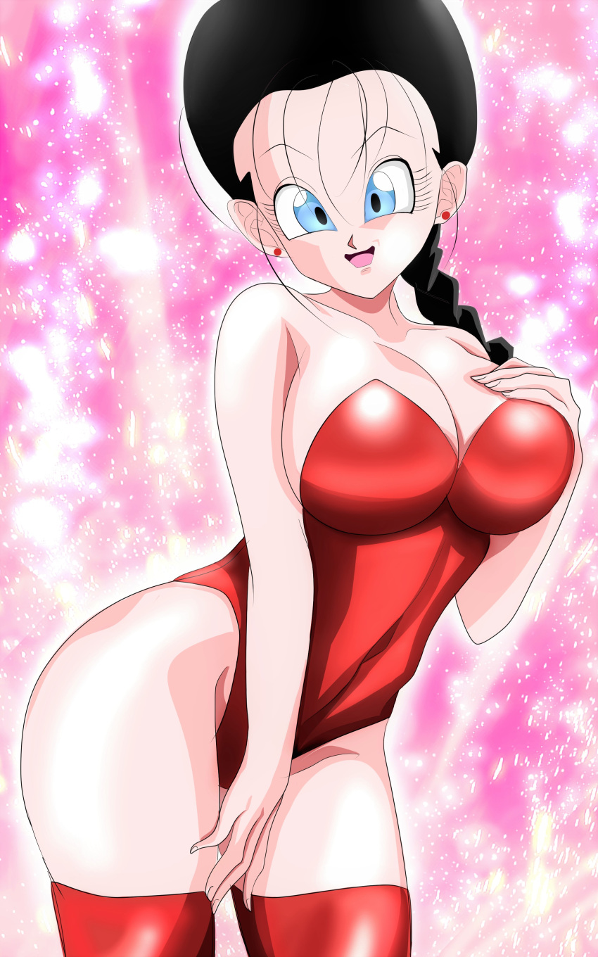 1girls artist_name big_breasts black_hair blue_eyes blush bodysuit breasts clothed_female copyright_name dragon_ball dragon_ball_z eye_contact female large_breasts long_hair looking_at_viewer milf mother older_female redosukan sex short_hair shounen_jump skin_tight skindentation tight_clothing videl