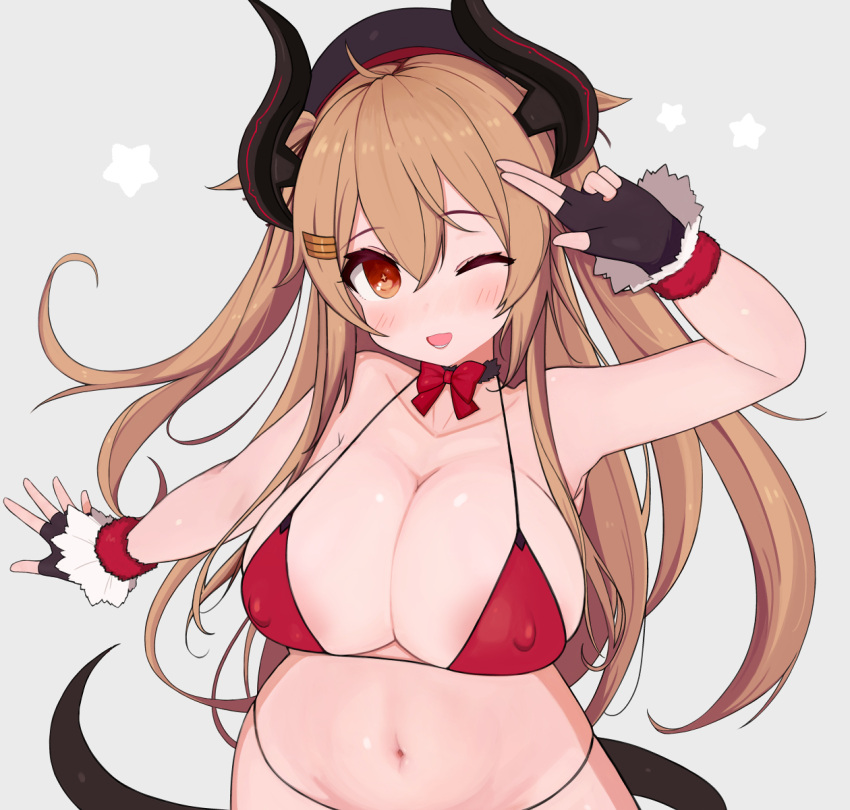 alternate_costume big_breasts bikini blush brown_hair cap cleavage female female_only fingerless_gloves gloves hair_flaps hairclip hat horns huge_breasts kantai_collection light_brown_hair long_hair looking_at_viewer murasame_(kantai_collection) neck_ribbon nipple_bulge red_bikini red_eyes rose_neru smile solo tail twintails wide_hips wink