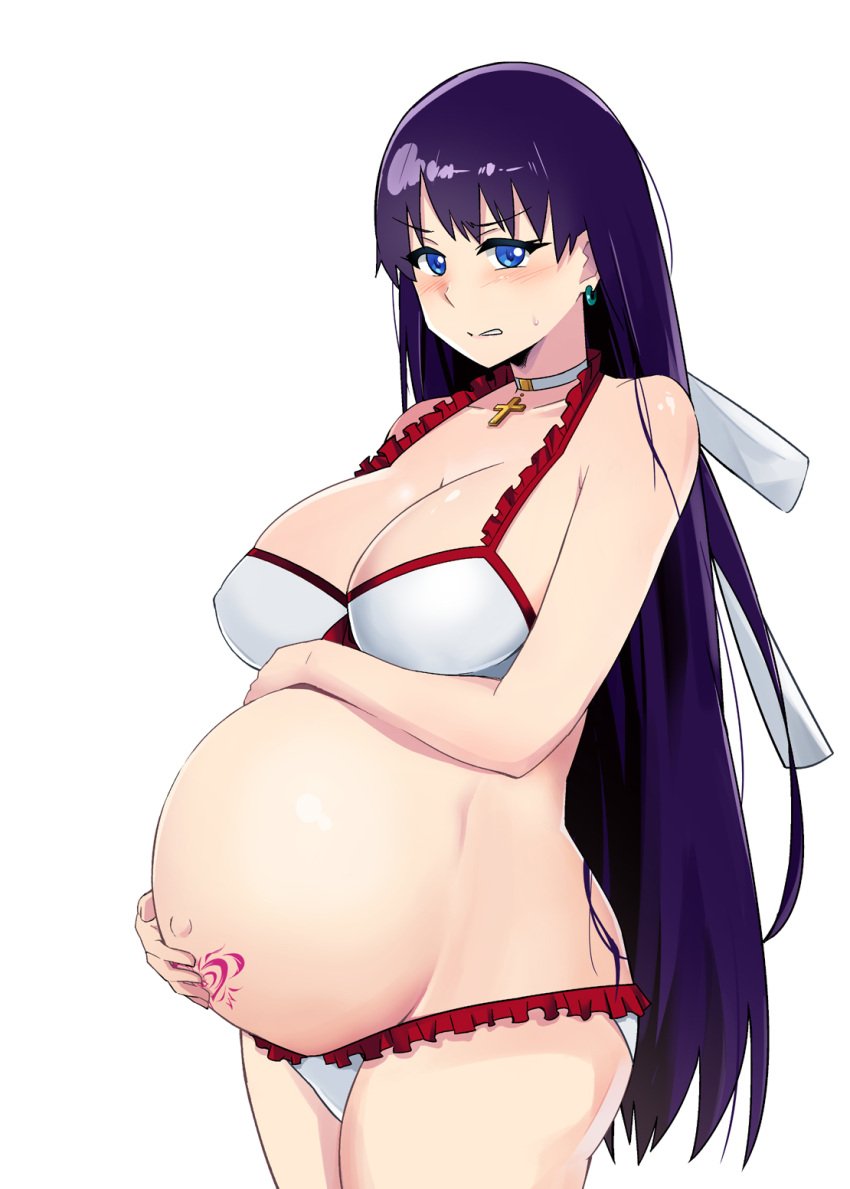 bangs belly_hold big_breasts bikini blue_eyes blush choker cleavage embarrassed fate/grand_order fate_(series) female female_only frills hair_ribbon hand_on_belly holding_belly huge_belly long_hair looking_at_viewer pregnant pubic_tattoo purple_hair ready_to_pop saint_martha saint_martha_(swimsuit_ruler) solo sweatdrop swimsuit very_long_hair white_bikini