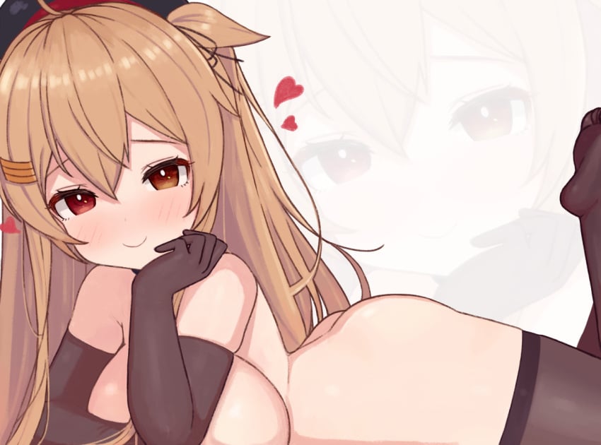 arm_support big_breasts black_gloves black_thighhighs blush brown_eyes brown_hair cap female gloves hair_flaps hairclip hat heterochromia kantai_collection light_brown_hair long_gloves long_hair looking_at_viewer mostly_nude murasame_(kantai_collection) on_stomach red_eyes rose_neru smile solo thighhighs