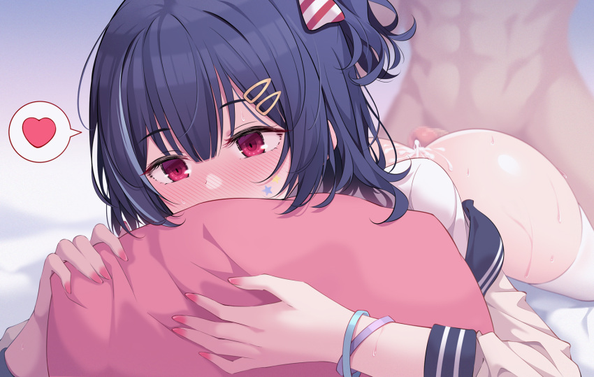 1boy 1girls after_sex ass black_hair blush bracelet censored clothed_female_nude_male cum cum_on_ass cum_on_body eyebrows_visible_through_hair fingernails hair_ornament hairclip heart idolmaster idolmaster_shiny_colors jewelry kagami_(galgamesion) lying morino_rinze mosaic_censoring nail_polish nose_blush nude on_stomach penis pillow pillow_grab prone_bone red_eyes red_nails short_hair spoken_heart sweat thighhighs white_legwear