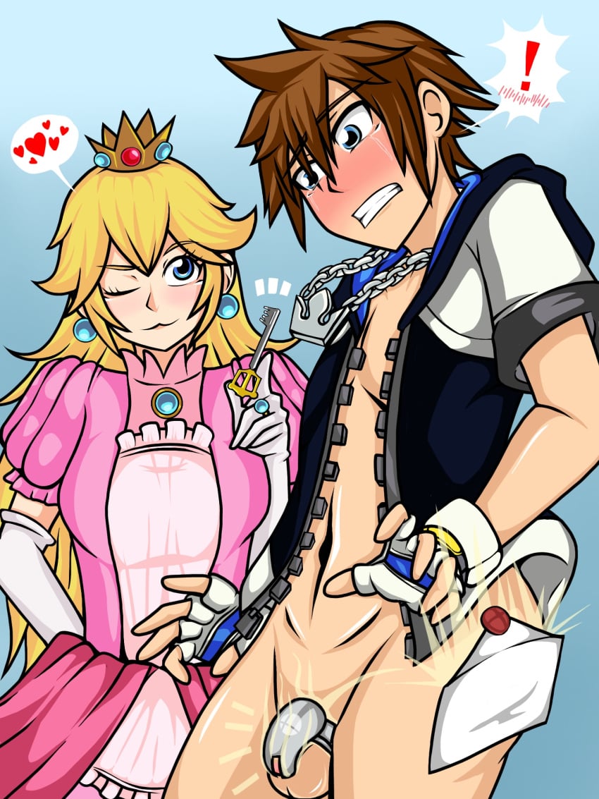 1boy 1girls blonde_hair blue_eyes brown_hair chastity chastity_cage chastity_device chastity_key clothed clothing color crossover disney dress embarrassed female femdom key keyholder kingdom_hearts looking_at_another male male_focus malesub mario_(series) one_eye_closed penis princess_peach simple_background small_penis small_penis_adoration small_penis_humiliation sora sora_(kingdom_hearts) square_enix standing super_smash_bros. super_smash_bros._ultimate teasing testicles zreploids