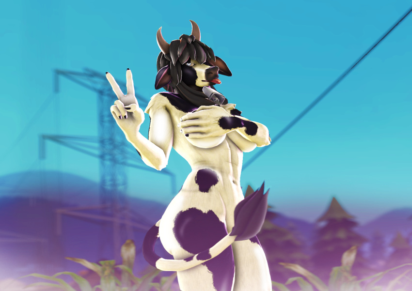 anthro bell blep bovid bovine breasts cattle collar covering cow_(petruz) ears_down female grass hair horn looking_at_viewer mammal mountain petruz_(copyright) pivoted_ears plant sky solo spots tongue tongue_out tree wire