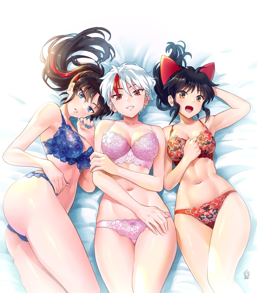 3girls ass black_hair blue_eyes bra breasts cleavage female_only ge_xi hairbow higurashi_towa inuyasha large_breasts lingerie long_hair looking_at_viewer lying moroha multicolored_hair multiple_girls navel on_back on_side orange_eyes panties ponytail red_bow red_eyes red_hair setsuna_(yashahime) short_hair take_your_pick underwear underwear_only very_short_hair white_hair yashahime:_princess_half-demon