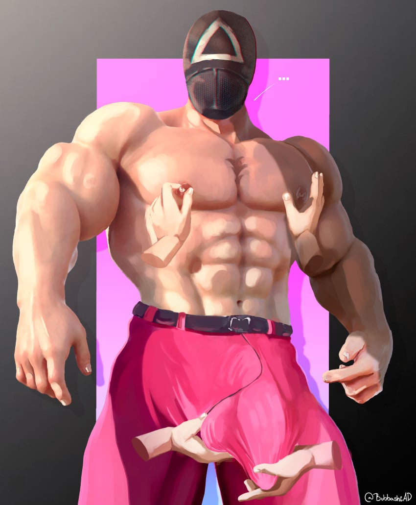 1boy 2021 abs artist_name belt big_penis black_belt black_gloves black_mask blue_wall blush bubbashiad buff bulge circle_(squid_game) disembodied_hand disembodied_hands erect_penis erection erection_under_clothes focused gay gloves ground half_dressed half_naked light-skinned_male light_skin looking_at_viewer male male_focus male_nipples male_only mask masked masked_male netflix nipples penis penis_bulge penis_visible_through_pants pink_guard pink_pants purple_background simple_background sky solo solo_male square_(squid_game) squid_game sweatdrop sweatdrops sweating tight_clothing trembling triangle_(squid_game) wall watermark yaoi