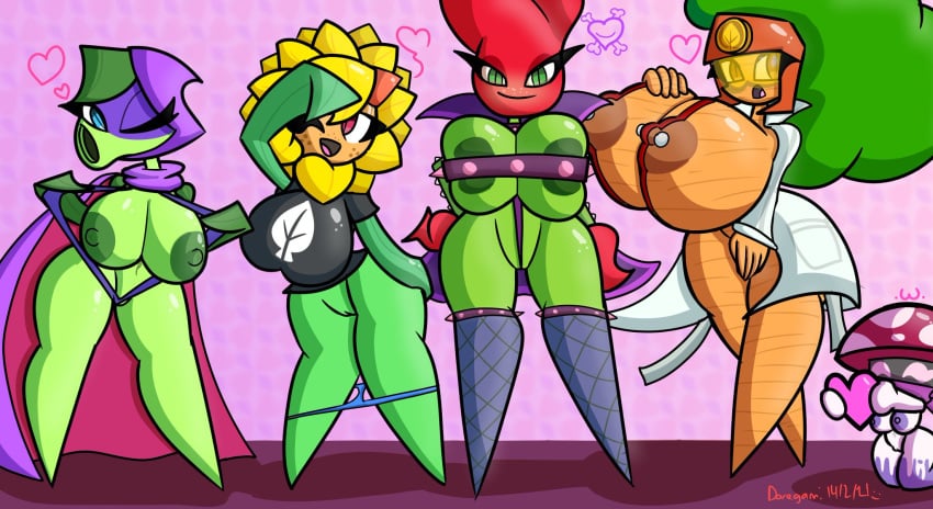 5girls ass background beta-carrotina_(pvz) big_breasts black_shirt blue_eyes breasts brown_eyes carrot coat curvy_female doregami female female_focus female_only fungy green_eyes green_shadow_(pvz) green_skin group half_naked leaf multiple_girls mushroom night_cap_(pvz:bfn) orange_skin peashooter_(pvz) petals pink_background plant plantie plants_vs_zombies plants_vs_zombies:_heroes purple_cape rose rose_(pvz) solar_flare_(pvz) sunflower sunflower_(pvz) tagme thick_thighs