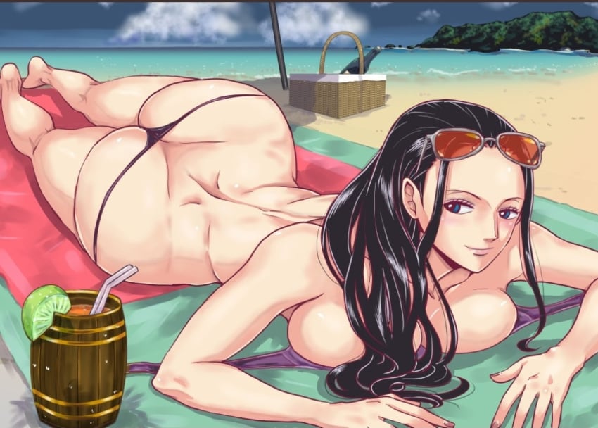 1girls ass big_breasts breasts bubble_butt female female_only huge_ass kakutou_oukoku large_breasts nico_robin one_piece shounen_jump solo solo_female sunbathing sunglasses sunglasses_on_head thick_thighs thin_waist thong thong_bikini wide_hips