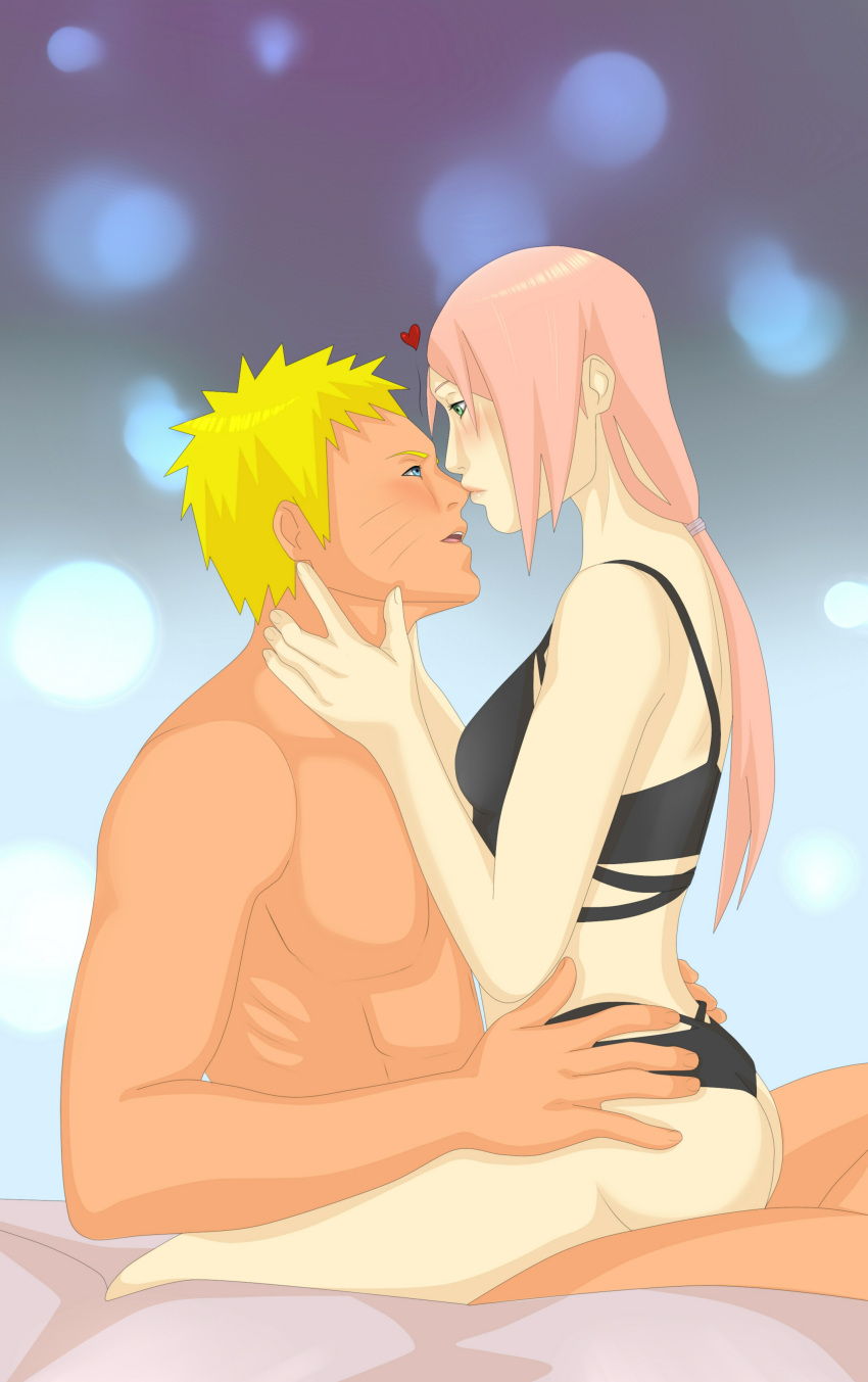 1boy 1boy1girl 1girls alternate_hairstyle blonde_hair blue_eyes blush boruto:_naruto_next_generations breasts green_eyes kimikochan017 kissing kneeling looking_at_another looking_at_partner male/female naked naruto naruto_(series) nose_kiss pink_hair ponytail sakura_haruno sideboob sitting sitting_on_person straddling straight underwear uzumaki_naruto waist_grab