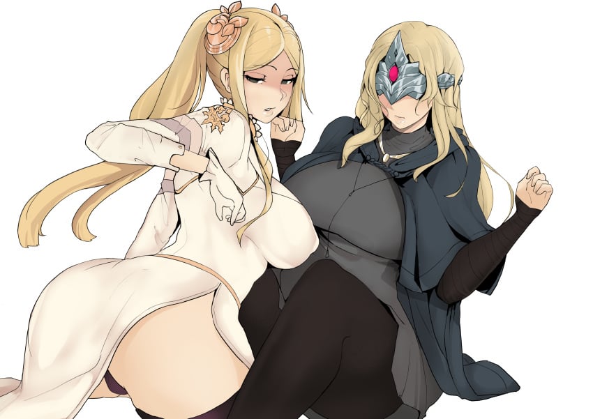 2girls asymmetrical_bangs bangs big_breasts blonde_hair breasts clothing crossover dark_souls dark_souls_3 fire_keeper fromsoftware gray_eyes grey_eyes hair_ornament hi_res highres long_hair looking_at_viewer looking_back mask nier nier:_automata nodo ponytail square_enix thick_thighs thighhighs thighs video_games yorha_commander