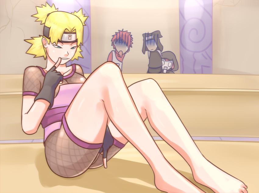 1girls 2boys bare_legs barefoot black_gloves blonde_hair breasts brothers clothed clothing family female_focus finger_to_mouth fingering fingerless_gloves fishnet_bodysuit fishnets forehead_protector fully_clothed gaara gloves gonzaxjames green_eyes half-closed_eyes headband indoors kankuro legs masturbation medium_breasts narrowed_eyes naruto naruto_(series) naruto_shippuden perky_breasts shounen_jump siblings sister sitting spiky_hair temari tied_hair toes twintails voyeur voyeurism yellow_hair