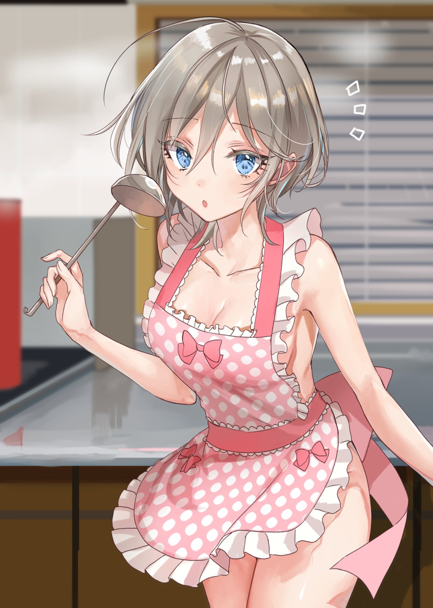 :o anastasia_(idolmaster) antenna_hair apron apron_only blinds blue_eyes bow breasts counter eyebrows eyebrows_visible_through_hair eyelashes eyelashes_visible_through_hair female female_only hair_between_eyes idolmaster idolmaster_cinderella_girls indoors kitchen ladle looking_at_viewer mostly_nude open_mouth pink_apron polka_dot polka_dot_apron rum_raisin_(chihiromakita19) short_hair silver_hair sink wind_lift