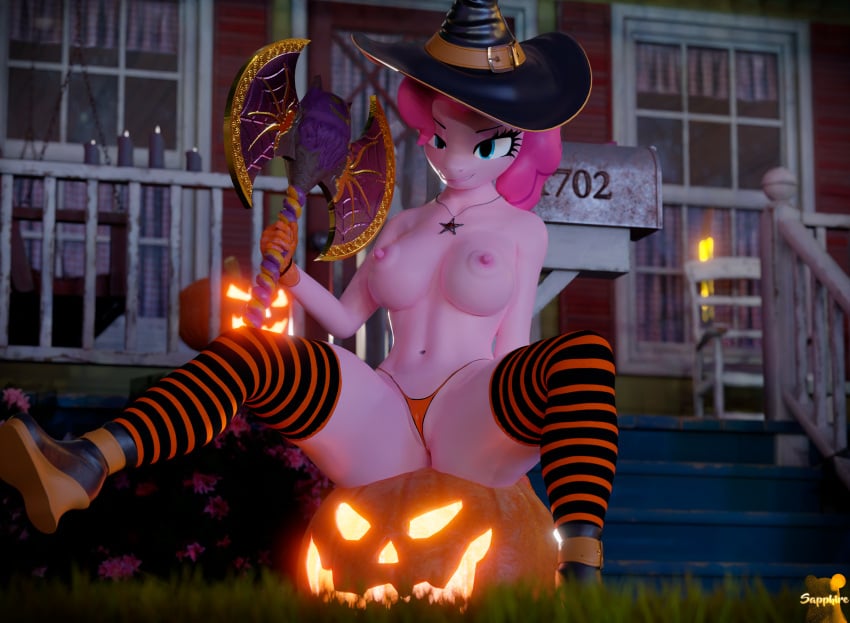 3d_(artwork) anthro anthrofied areola axe blue_eyes breasts building clothed clothing digital_media_(artwork) equid equine female food footwear friendship_is_magic fruit gloves hair halloween halloween_costume handwear hasbro hat headgear headwear hi_res holding_object holding_weapon holidays horse house jack-o'-lantern jewelry legwear long_socks looking_at_viewer mammal melee_weapon my_little_pony necklace nipples nyaasapphire outside pattern_clothing pattern_legwear pattern_stockings pendant pink_hair pinkie_pie_(mlp) plant pony porch pumpkin shoes sitting smile socks solo spread_legs spreading stockings straight_hair striped_clothing striped_legwear striped_stockings stripes thigh_highs thigh_socks thong topless underwear weapon witch_hat