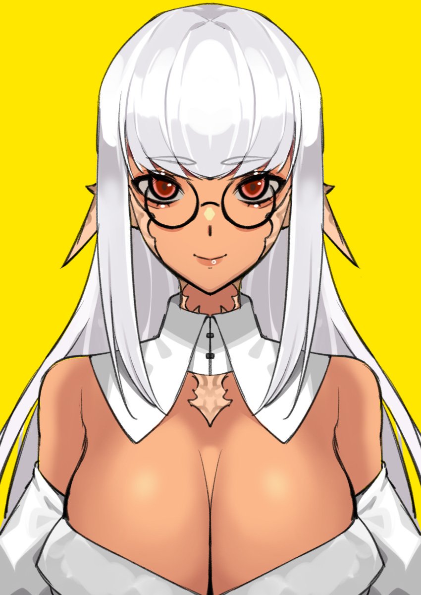 au_ra bangs cleavage dark-skinned_female dark_skin female female_focus female_only final_fantasy final_fantasy_xiv glasses horns large_breasts lilycious looking_at_viewer looking_to_the_side loose_clothes oc raen red_eyes round_glasses scales tagme two_tone_hair white_background white_clothing white_hair white_shirt