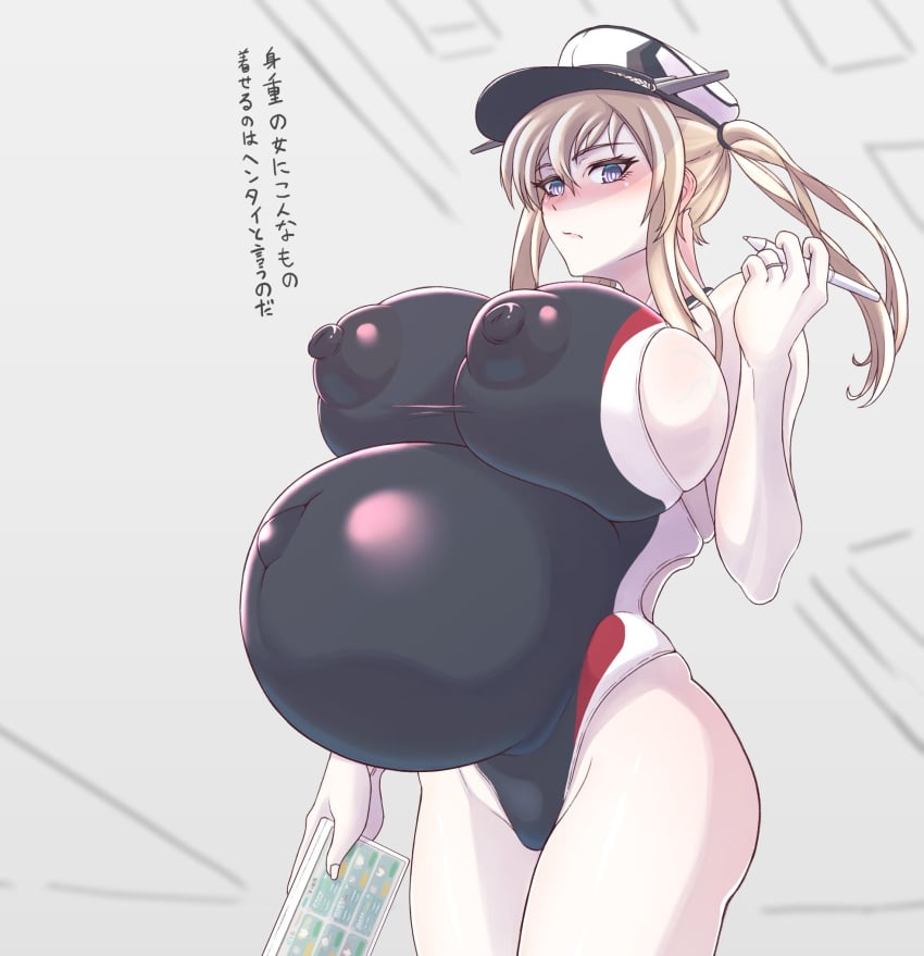 big_breasts big_nipples black_swimsuit blonde_hair blush female graf_zeppelin_(kantai_collection) huge_belly huge_breasts kantai_collection large_areolae long_hair looking_at_viewer military_hat nipple_bulge one-piece_swimsuit outie_navel pale-skinned_female pregnant puffy_nipples ready_to_pop sideboob sidelocks solo swimsuit tight_clothing translated twintails umauma wedding_ring