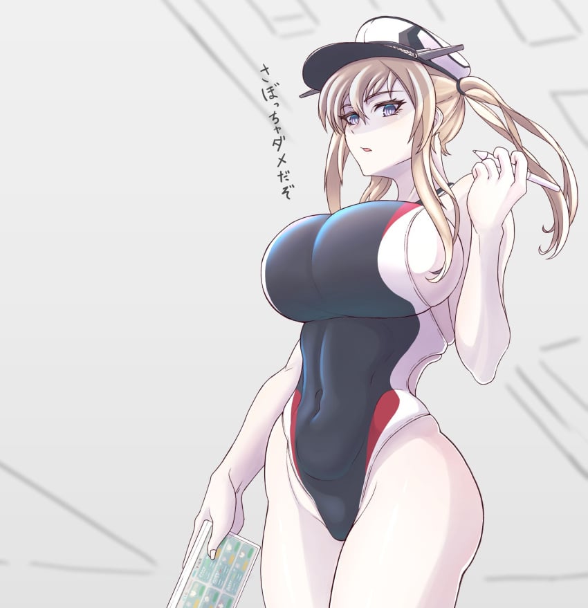 big_breasts black_swimsuit blonde_hair female female_only graf_zeppelin_(kantai_collection) kantai_collection long_hair looking_at_viewer military_hat one-piece_swimsuit pale-skinned_female sideboob sidelocks solo swimsuit tight_clothing twintails umauma