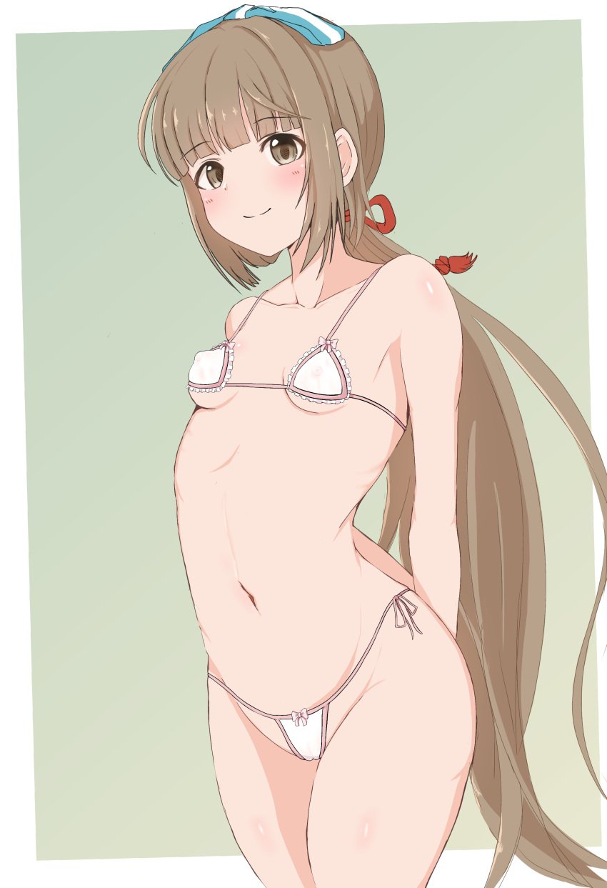 amadare arms_behind_back bangs blush brown_eyes brown_hair female female_only hair_ribbon hairbow idolmaster idolmaster_cinderella_girls long_hair looking_at_viewer micro_bikini nipple_bulge ponytail side-tie_bikini sidelocks small_breasts smile solo very_long_hair white_bikini yorita_yoshino