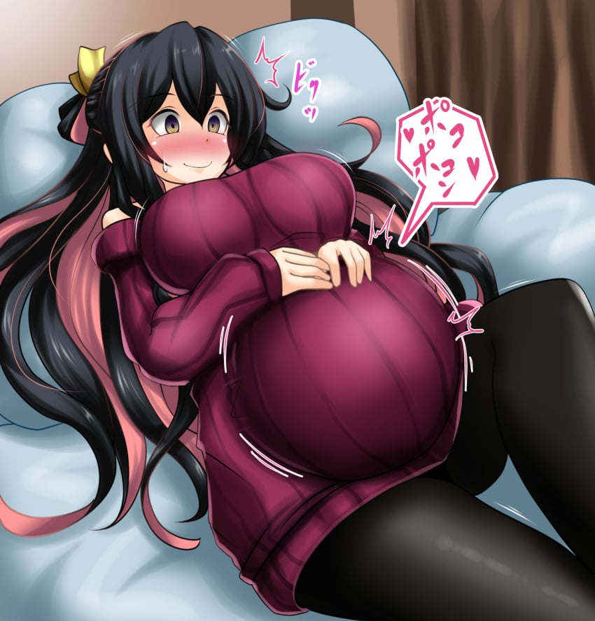 anago_nia big_breasts black_hair black_legwear blush female female_only fetal_movement fully_clothed hands_on_belly huge_belly kantai_collection long_hair naganami_(kantai_collection) on_back on_bed pink_highlights pregnant ready_to_pop smile sweatdrop sweater sweater_pull two_tone_hair yellow_eyes