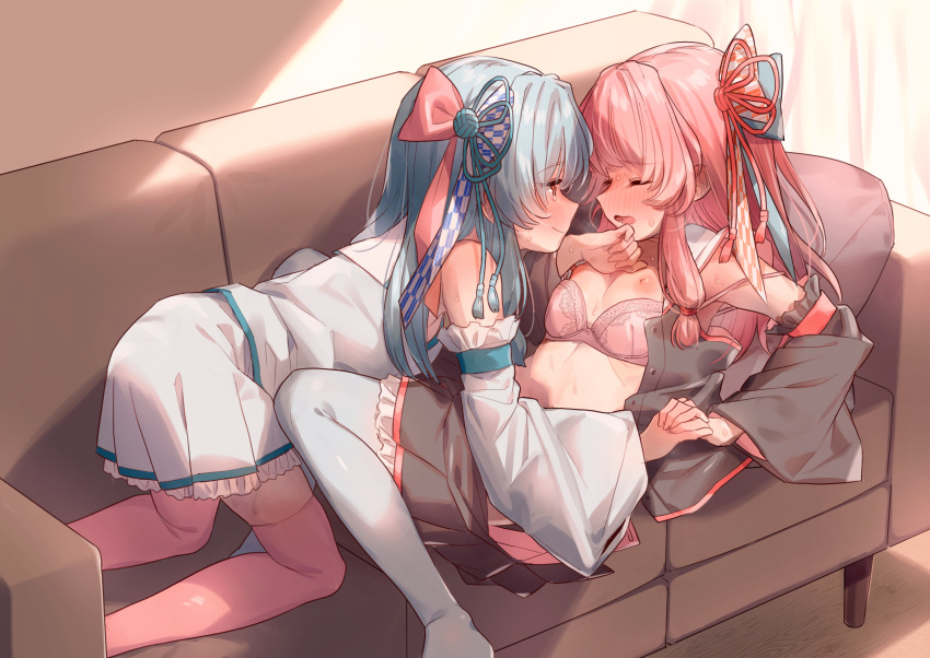 2girls absurdres blue_hair blush bra breasts closed_eyes couch detached_sleeves female hair_ornament highres holding_hands incest interlocked_fingers kotonoha_akane kotonoha_aoi long_hair looking_at_another masanaga_(tsukasa) multiple_girls nipples on_couch pink_bra pink_eyes pink_hair pink_legwear shirt siblings sisters skirt small_breasts synthesizer_v thighhighs underwear voiceroid white_legwear white_shirt white_skirt yuri