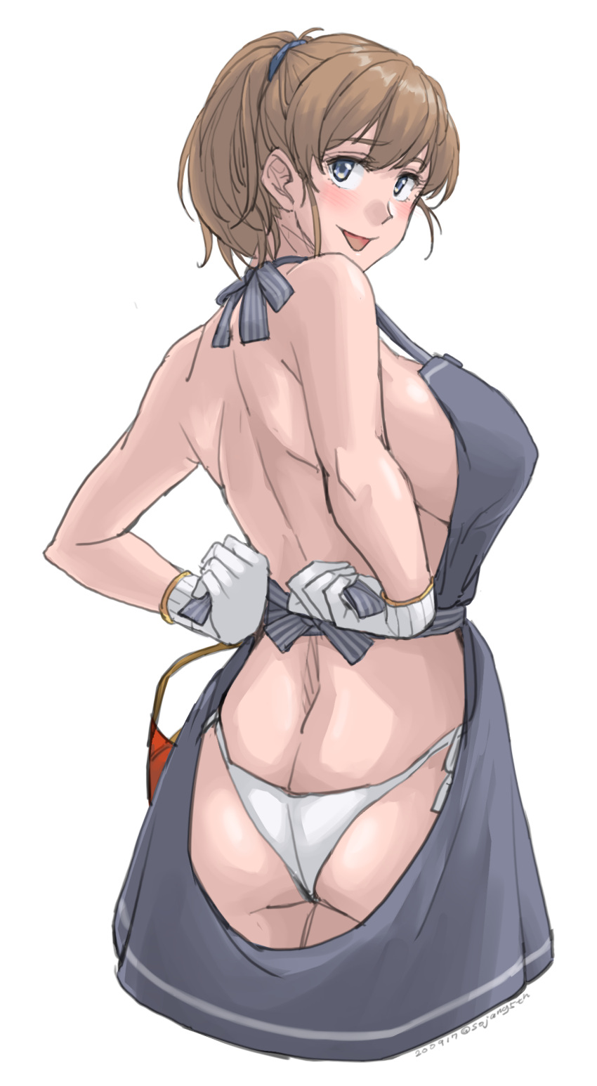 :d apron ass back_view bangs big_breasts blue_eyes blush brown_hair female female_only gloves intrepid_(kantai_collection) kantai_collection looking_at_viewer looking_back nipple_bulge panties ponytail side-tie_panties sideboob solo sozan topless white_gloves white_panties