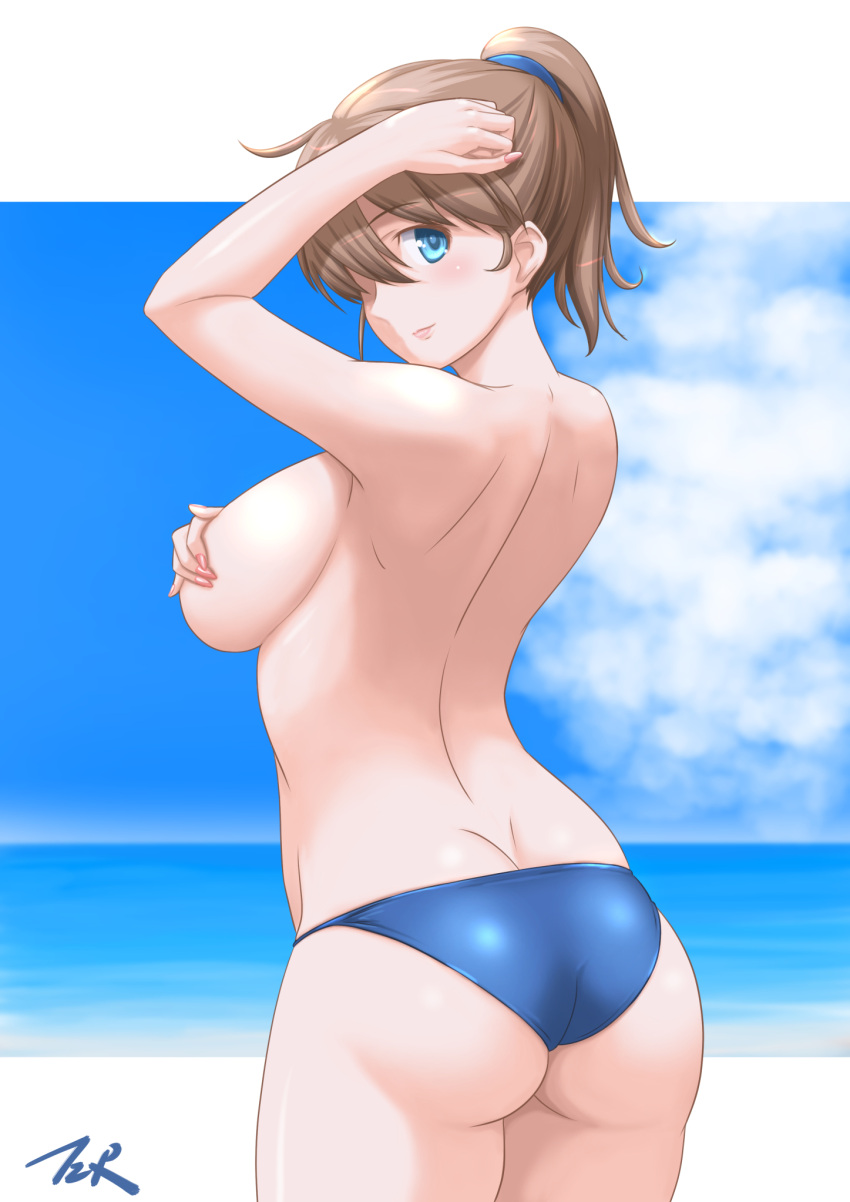 back_view beach big_ass big_breasts bikini bikini_bottom blue_bikini blue_bikini_bottom blue_eyes brown_hair covered_nipples covering_breasts covering_self female female_only hair_over_one_eye intrepid_(kantai_collection) kantai_collection light_brown_hair looking_at_viewer looking_back outside ponytail sideboob solo t2r topless